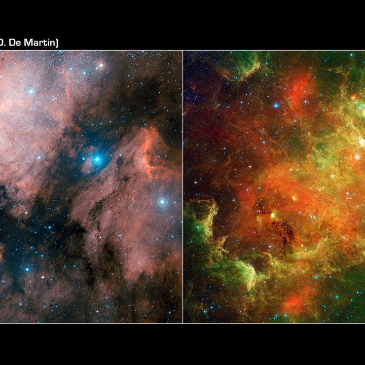 उत्तरी अमरीका निहारिका (बाएं दृश्य प्रकाश में, दायें अवरक्त प्रकाश में )