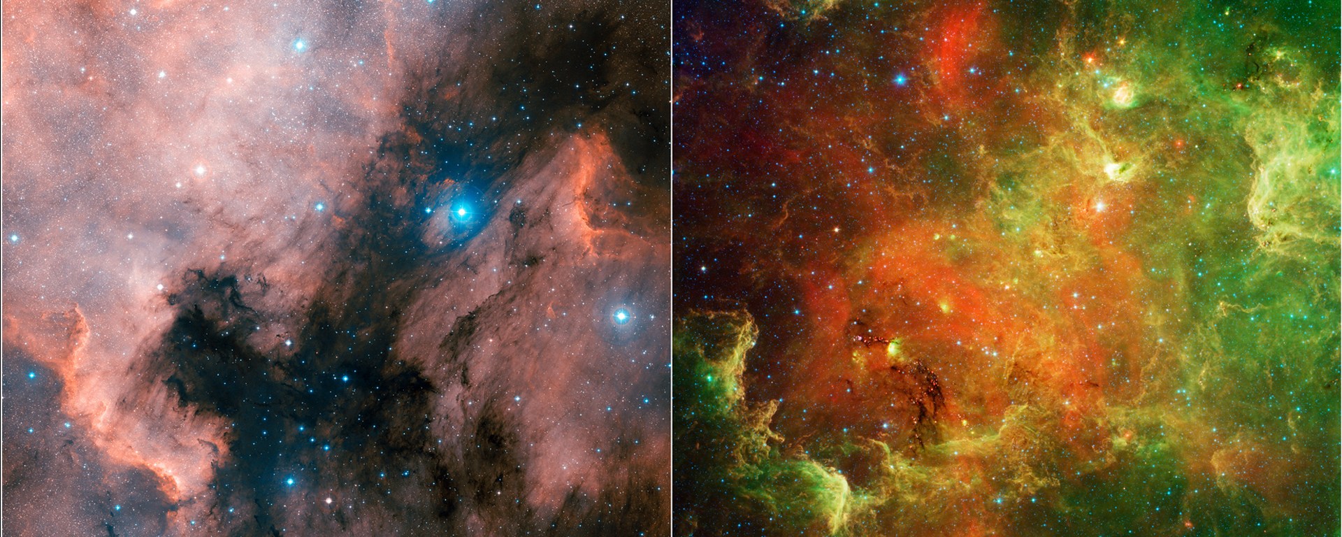 उत्तरी अमरीका निहारिका (बाएं दृश्य प्रकाश में, दायें अवरक्त प्रकाश में )
