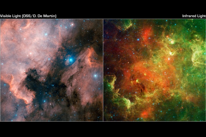 उत्तरी अमरीका निहारिका (बाएं दृश्य प्रकाश में, दायें अवरक्त प्रकाश में )