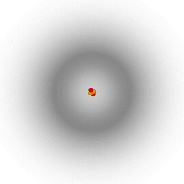 परमाणु की संरचना का सही चित्र, भूरा रंग का बादल इलेक्ट्रान के उस स्थान पर होने की संभावना दर्शाता है। परमाणु की संरचना का सही चित्र, भूरा रंग का बादल इलेक्ट्रान के उस स्थान पर होने की संभावना दर्शाता है।