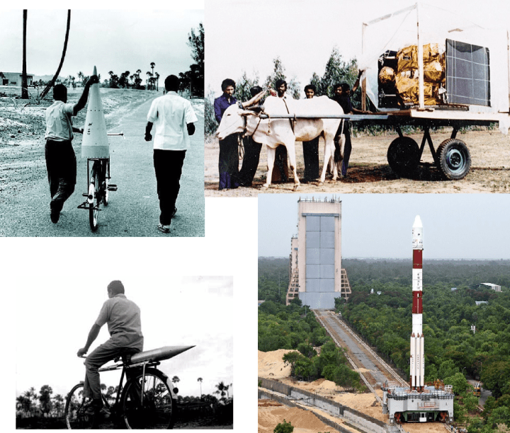 कल : साइकल पर राकेट लेजाते इसरो के वैज्ञानिक, बैलगाड़ी पर एप्पल उपग्रह ढोते इसरो के वैज्ञानिक आज : इसरो का राकेट लेजाने वाला वाहन PSLV के साथ