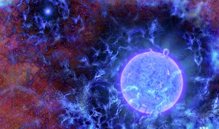 प्रस्तावित ब्रह्माण्ड का सबसे पहला निर्मित तारा, विशाल आकार के साथ नीले रंग में दिखाया गया है। यह तारा पूरी तरह से गैसीय तंतुओं से निर्मित हुआ है इसके पृष्टभूमि पर खगोलीय माइक्रोवेव(cosmic microwave background: CMB) को देखा जा सकता है। यह छवि रेडियो अवलोकनों पर आधारित है क्योंकि हम शुरुआती तारों को सीधे तौर पर नही देख सकते। शोधकर्ताओं के अनुसार खगोलीय माइक्रोवेव पृष्टभूमि की मंदता से तारे की उपस्थिति का अनुमान लगाने में मदद मिलती है क्योंकि खगोलीय माइक्रोवेव सितारों से निकले परावैगनी प्रकाश को अवशोषित कर लेते है। छवि में जहां पर खगोलीय माइक्रोवेव पृष्टभूमि कम है यह दर्शाता है वहां गैसीय तंतु अपेक्षा से कही अधिक ठंडे हो सकते है संभव है वे डार्क मैटर के साथ परस्पर प्रतिक्रिया कर रहे हो। Credit: N.R.Fuller, National Science Foundation.